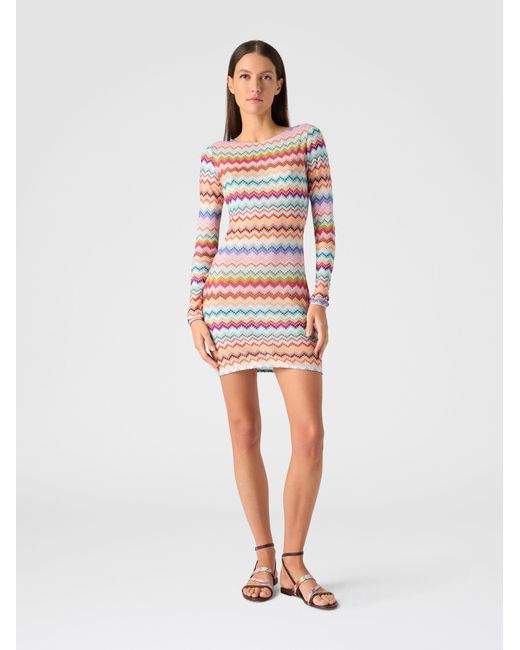 Missoni White Viscose Lamé Mini Dress With Pixelated Zigzag Motif