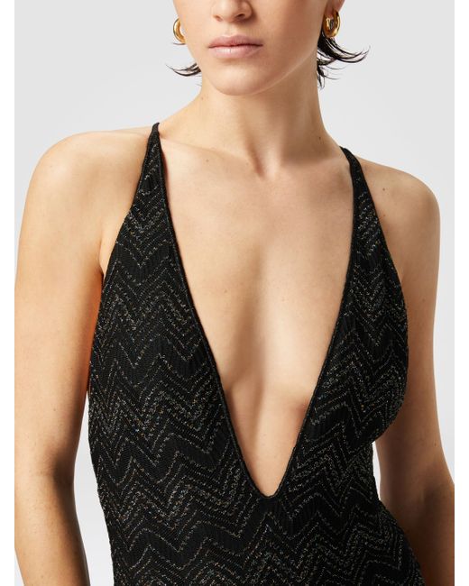Missoni Black V-Neck Zig Zag Lamé Viscose One-Piece Swimsuit, & Lamé