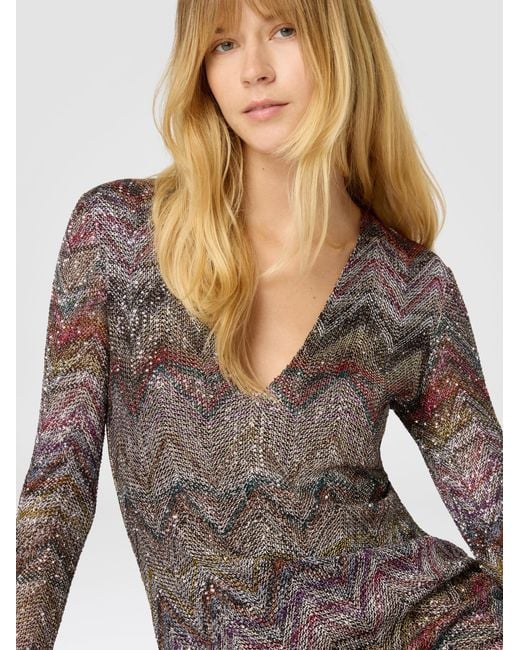 Missoni Gray Mini Dress With V-Neck And Zigzag Pattern