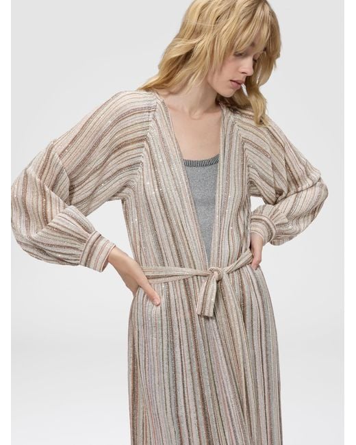 Missoni Natural Long Ribbed Cardigan With Belt And Sequins