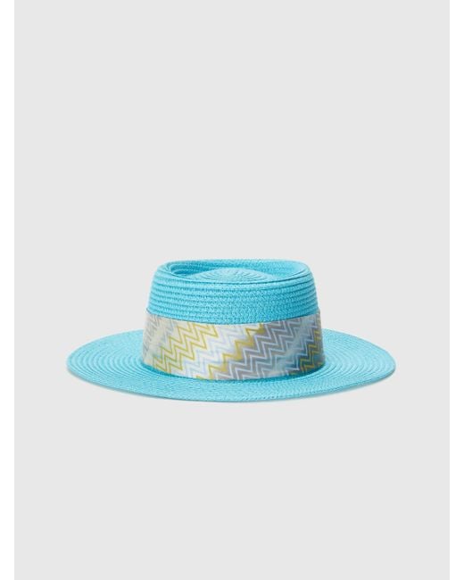 Missoni Blue Straw Hat With Zigzag-Patterned Band