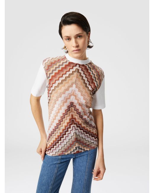 Missoni White Crewneck T-Shirt With Lamé Zig Zag Knit Insert