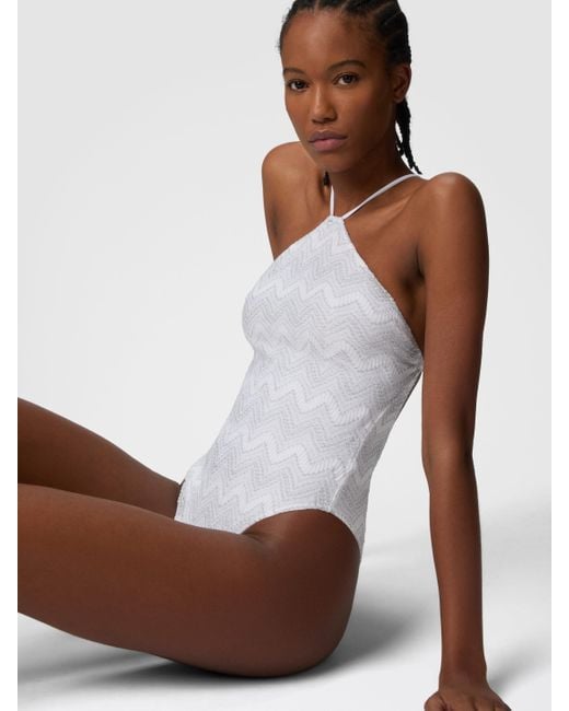 Missoni White Zig Zag Lamé Viscose One-Piece Swimsuit With Halter Neck