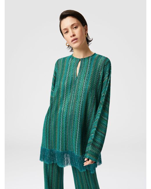 Missoni Green Zigzag Long-Sleeved Blouse With Sequins And Fringes