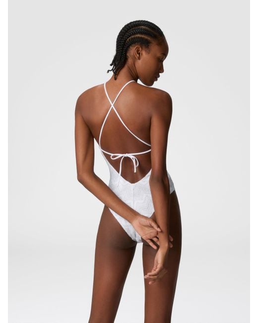 Missoni White Zig Zag Lamé Viscose One-Piece Swimsuit With Halter Neck
