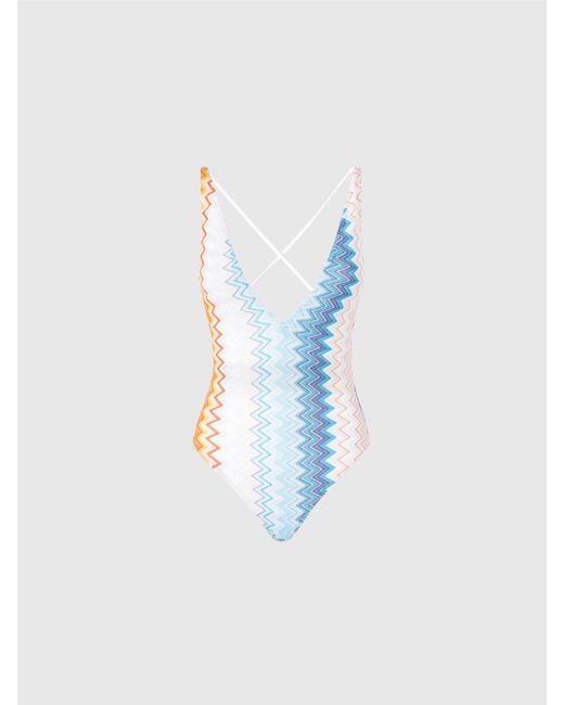 Maillot De Bain Une Pièce En Viscose Mélangée Zigzag Lamé Col V, Femme, Taille Missoni en coloris Blue