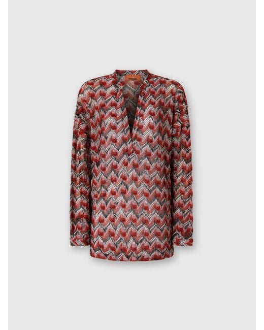 Blusa Oversize Con Collo Alla Coreana E Scollo A V, Donna, Nero & Rosso, Taglia di Missoni in Multicolor