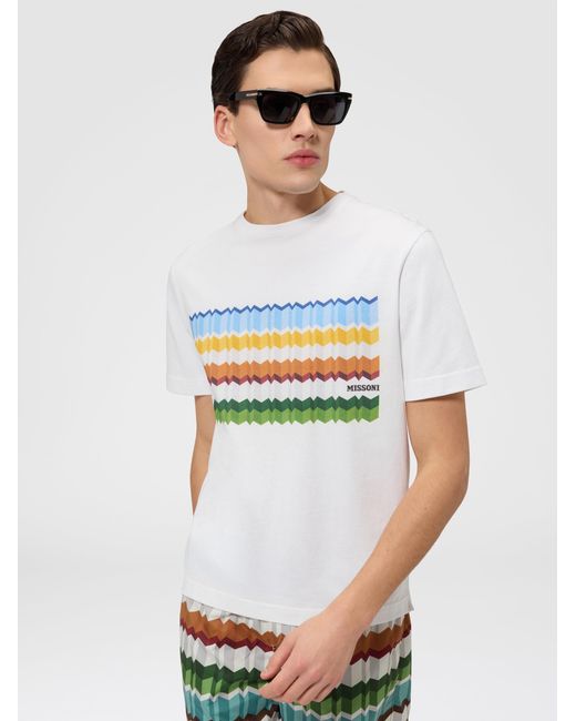 Missoni White Cotton Crewneck T-Shirt With Print And Logo for men