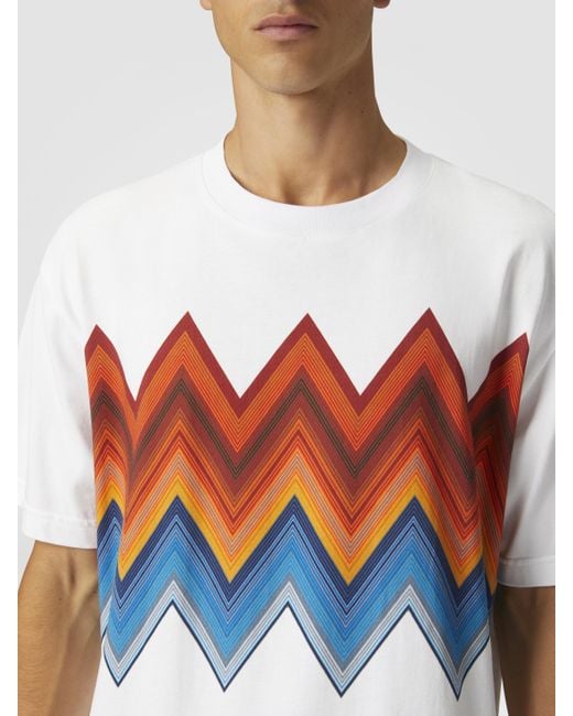 T-Shirt À Col Rond En Coton Avec Imprimé Macro Zigzag, Homme, Blanc & Taille Missoni pour homme en coloris White