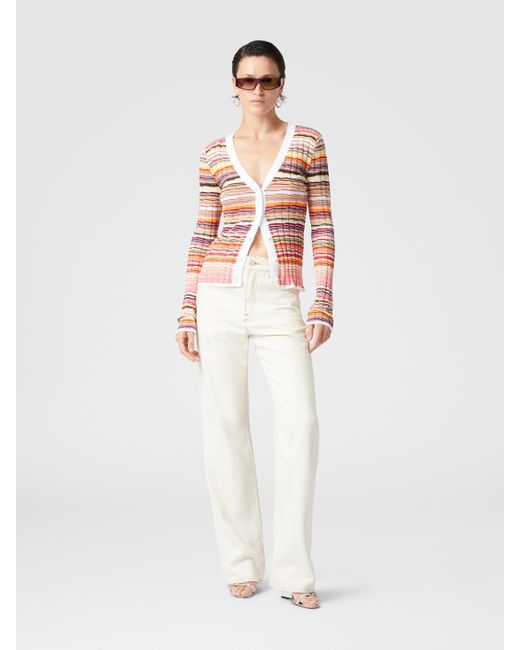 Cardigan Côtelé En Coton Et Viscose Rayé Avec Finitions Contrastées, Femme, Taille Missoni en coloris White