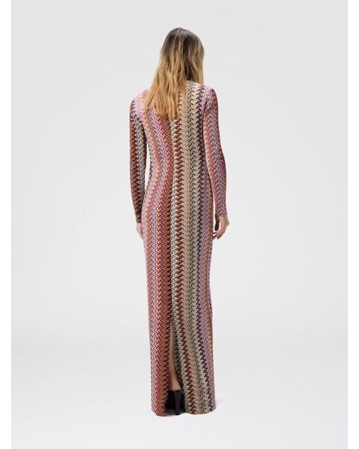 Missoni Pink Long Dress With V-Neck And Zigzag Pattern