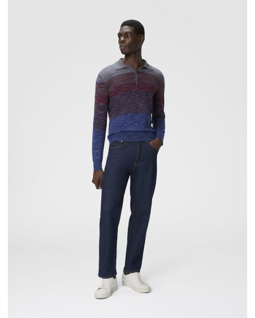 Missoni Langarm-Poloshirt Aus Reiner Wolle Mit Flammenmuster, Herren, Rot & Blau, Größe in Blue für Herren