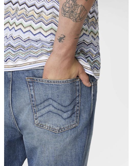 Missoni Blue Five-Pocket Cotton Denim Trousers With Zigzag Embroidery for men