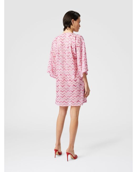 Caftan Court En Tulle De Viscose Mélangée Avec Zigzag Flammé, Femme, Blanc & Rose, Taille Missoni en coloris Pink