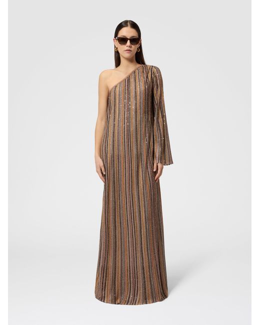 Missoni Natural Ribbed One-Shoulder Viscose Lamé Gown