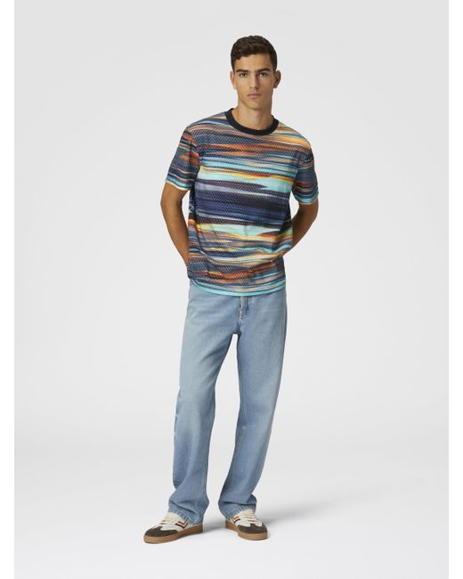 Missoni Blue Cotton Crewneck T-Shirt With Slub Zigzag Print for men