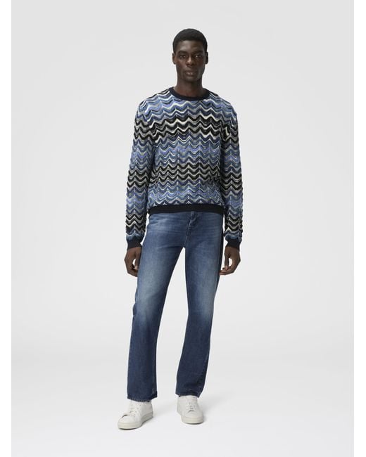 Missoni Blue Crew Neck Sweater With Geometric Zigzag Pattern for men