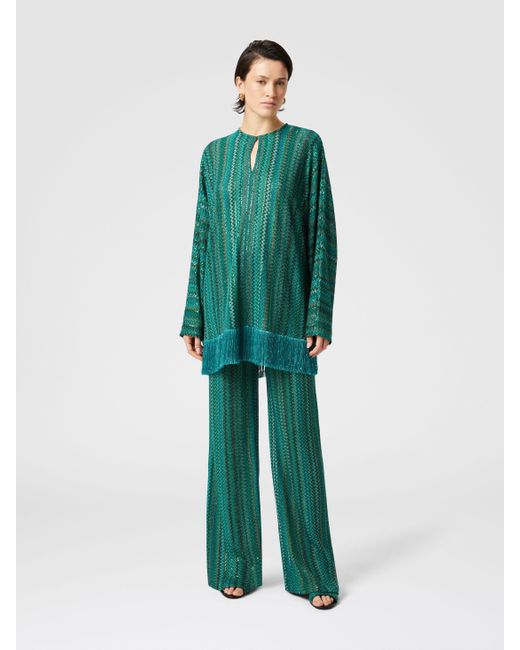 Missoni Green Zigzag Long-Sleeved Blouse With Sequins And Fringes