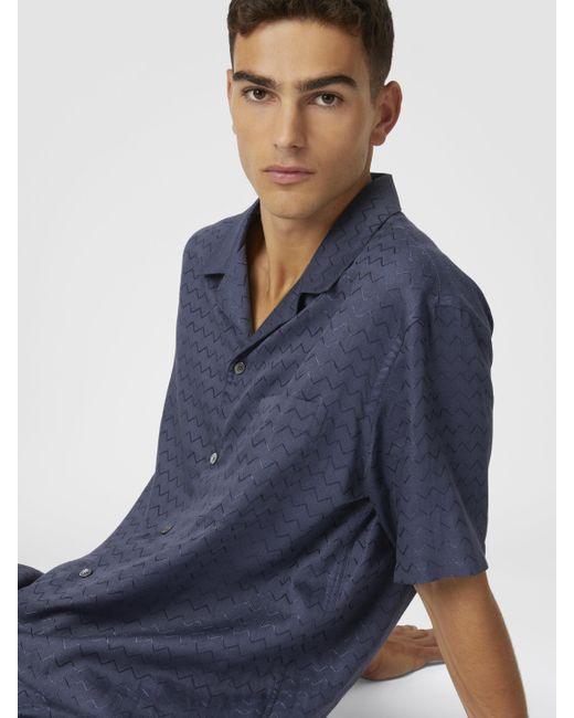 Missoni Bowlingshirt Aus Baumwolle, Viskose Und Leinen Mit Glänzendem Zickzackmuster, Herren, Größe in Blue für Herren