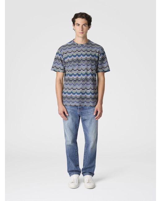 Missoni Blue Crew Neck T-Shirt With Geometric Zigzag for men