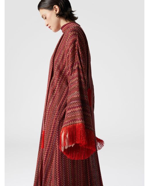 Missoni Red Zigzag Kaftan With Sequins And V-Neck And Removable Scarf With Fringes