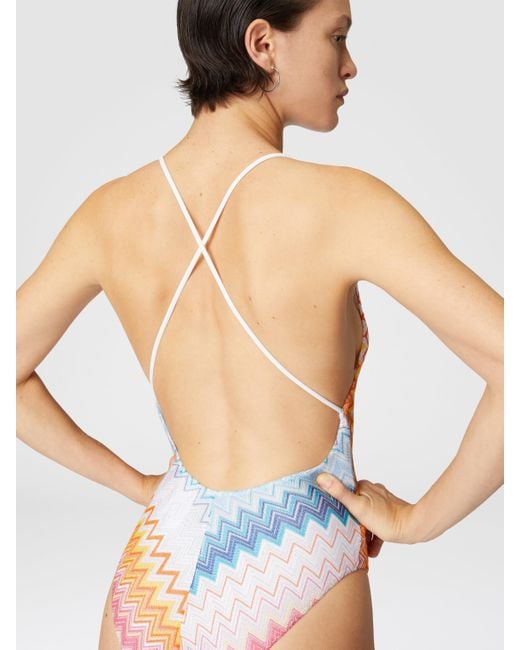 Maillot De Bain Une Pièce En Viscose Mélangée Zigzag Lamé Col V, Femme, Taille Missoni en coloris Blue