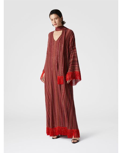 Missoni Red Zigzag Kaftan With Sequins And V-Neck And Removable Scarf With Fringes