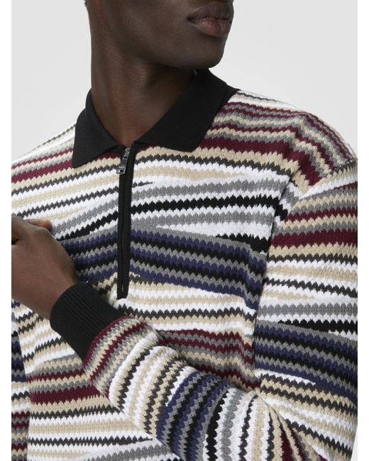 Missoni White Long Sleeve Polo With Zip And Striped Zigzag Pattern for men
