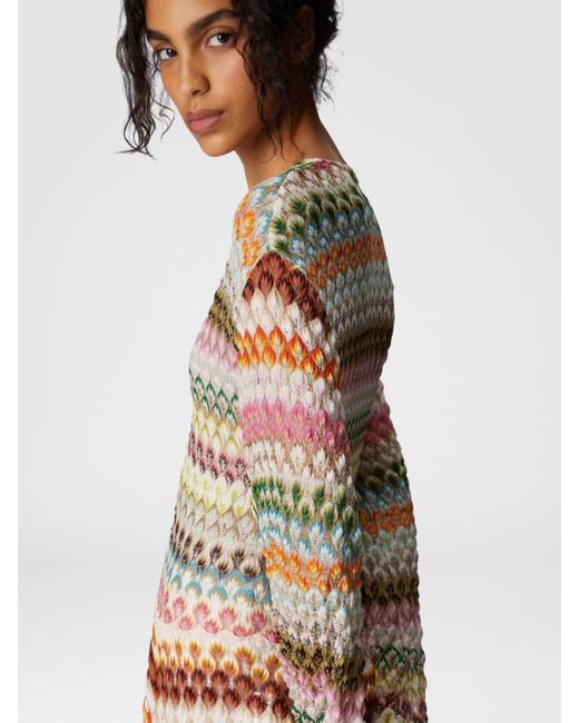 Missoni White Long Sleeve Short Dress With Zig Zag Lace Pattern