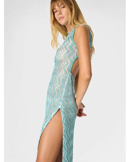 Missoni Blue Long Mesh Cover-Up Dress With Zigzag Pattern, Sequins, And Cut-Out Detail
