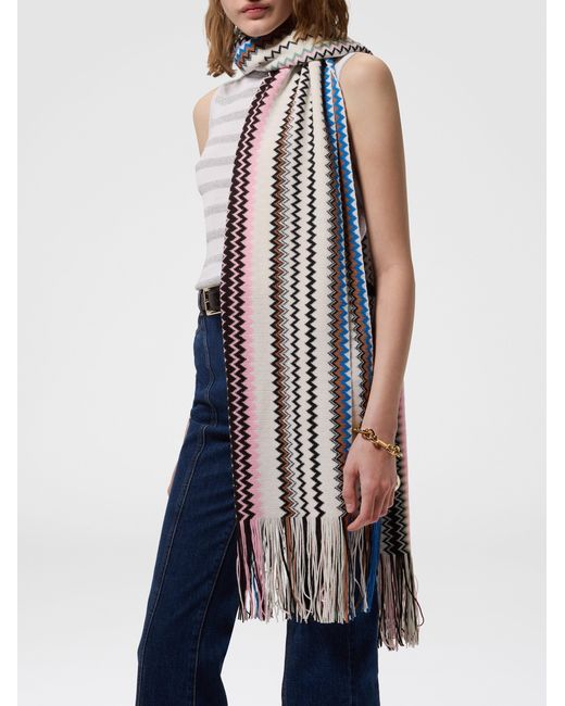 Missoni Blue Zig Zag Wool-Blend Scarf With Fringes