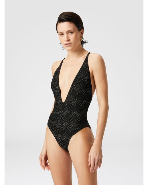 Missoni Black V-Neck Zig Zag Lamé Viscose One-Piece Swimsuit, & Lamé