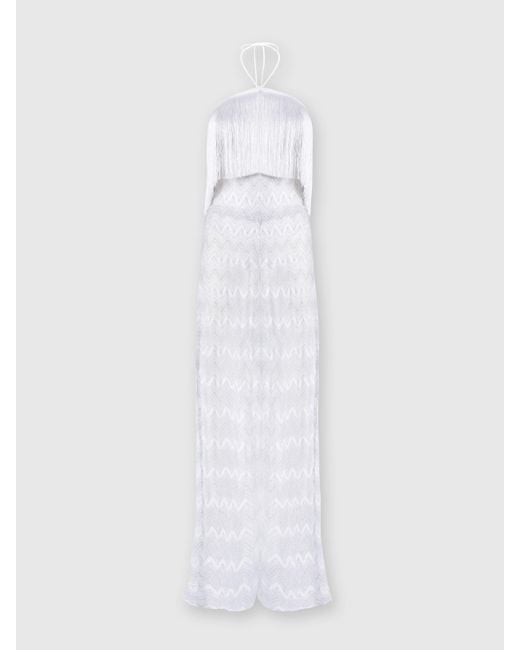Missoni White Zig Zag Lamé Viscose Jumpsuit With Fringes