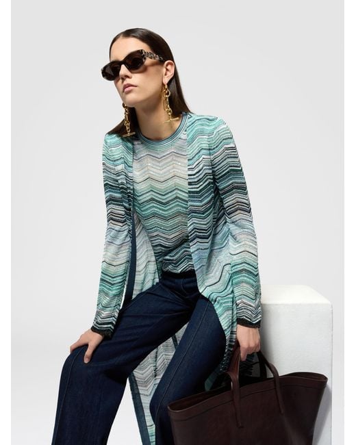 Missoni Blue Long Cardigan With A Chevron Pattern With Sequins