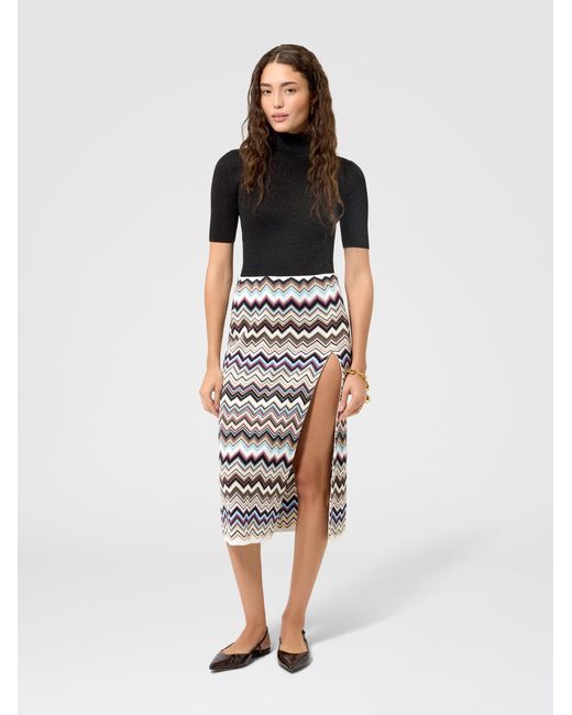 Missoni White Zig Zag Viscose And Wool Midi Skirt With Slit