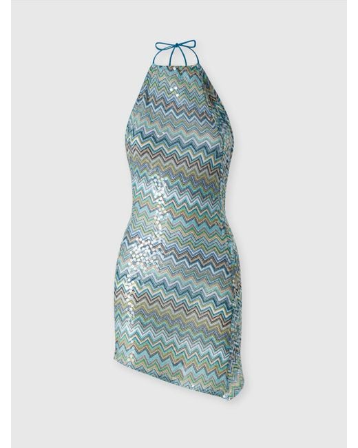Robe Courte Asymétrique Couvrante En Viscose Lamé Zigzag À Sequins, Femme, Taille Missoni en coloris Blue