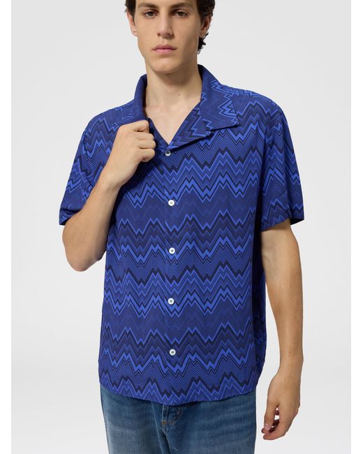 Missoni Blue Bowling Shirt With Tone-On-Tone Irregular Zig Zag Print for men
