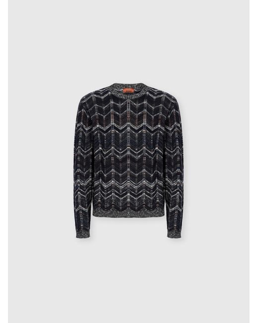 Missoni Black Crew-Neck Cotton Chevron Pullover With Ribbed Trims for men