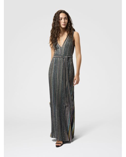 Missoni Gray Long Knit Dress With Sequins And V-Neck
