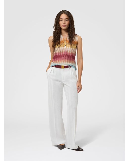 Missoni White Sleeveless Viscose Lamé Blouse With Lace Motif