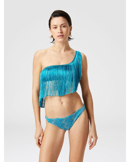 Missoni Blue One-Shoulder Zigzag Lamé Viscose Bikini With Fringes