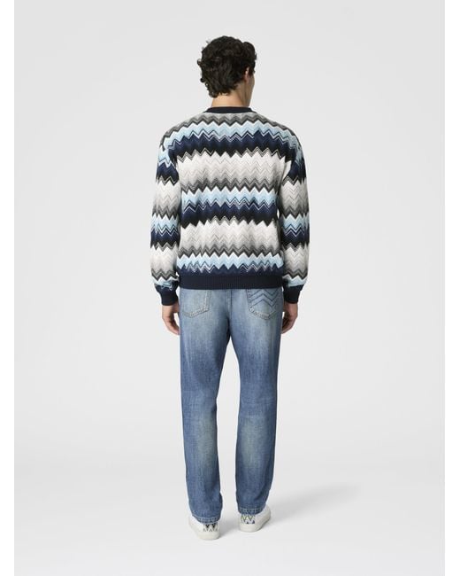 Missoni Blue Crew Neck Sweater With Flame Zigzag Pattern for men