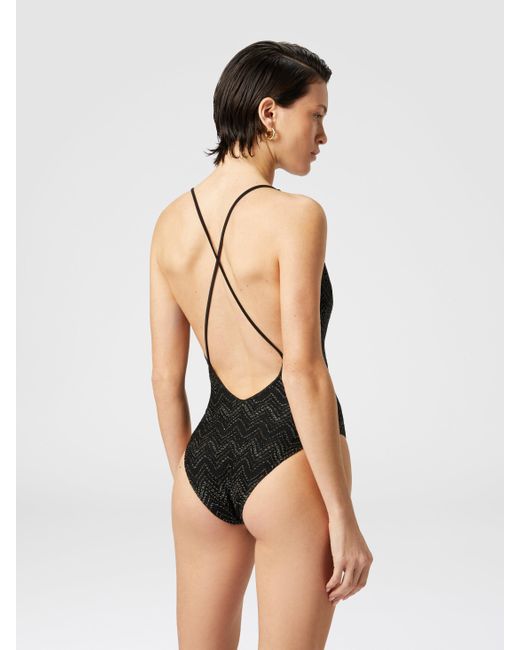 Missoni Black V-Neck Zig Zag Lamé Viscose One-Piece Swimsuit, & Lamé