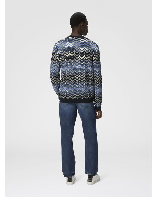 Missoni Blue Crew Neck Sweater With Geometric Zigzag Pattern for men