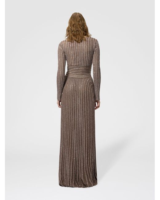 Missoni Natural Long-Sleeve Deep Neckline Maxi Dress