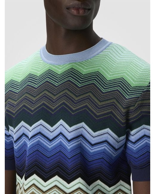 Missoni Blue Zig Zag Cotton Knit Crewneck T-Shirt With Contrasting Piping for men