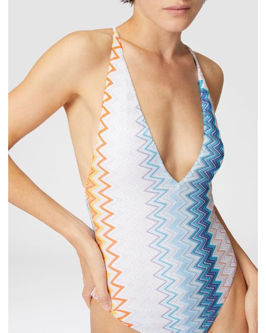 Maillot De Bain Une Pièce En Viscose Mélangée Zigzag Lamé Col V, Femme, Taille Missoni en coloris Blue