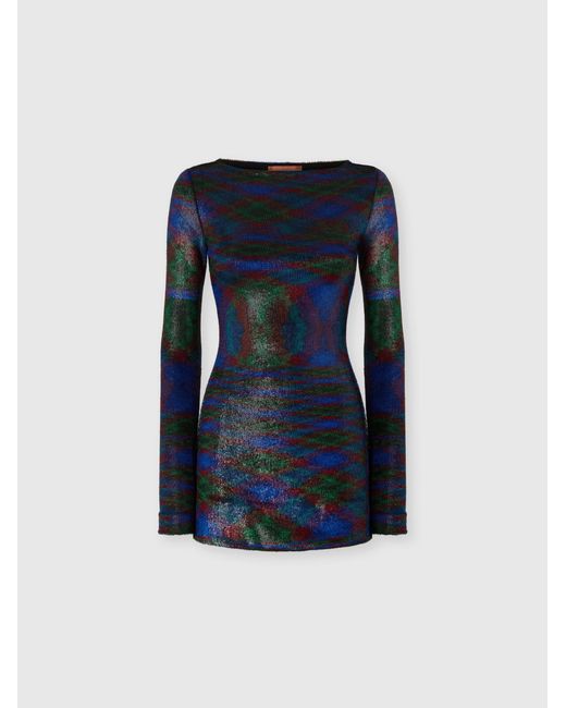 Missoni Blue Long-Sleeve Mini Dress With Flame Pattern