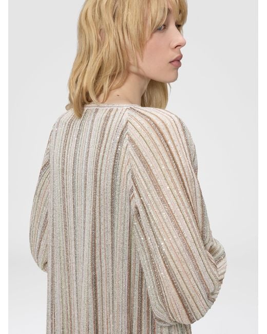 Missoni Natural Long Ribbed Cardigan With Belt And Sequins