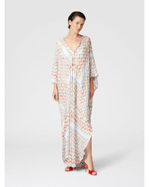 Missoni White Long Kaftan With 3D Zig Zag Lamé And Batwing Sleeves